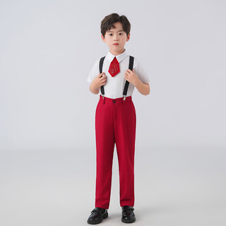 Yunguan national day children's chorus costumes performance costumes boys and girls primary and secondary school choir poetry recitation dress performance costumes b6 men's style burgundy overalls trousers + white short sleeves 110cm one size