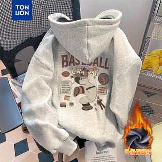 Tonlion men's hooded front and back printed plush cotton imitation super sweatshirt gray m