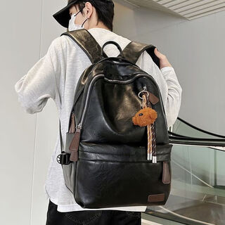 Ye yusen's large-capacity outing backpack soft leather men's and women's computer travel backpack fashion college student bag jy5522-black with pendant