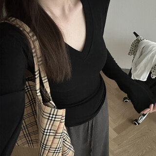 Lugeli bottoming shirt black v-neck long-sleeved t-shirt for women 2025 new autumn and winter inner wear american hot girl tight waist top trendy black v-neck inner wear l