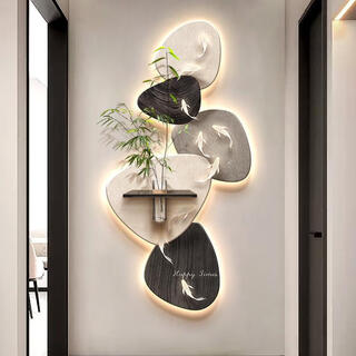 Kezhi nine fish picture facing the entrance door, entrance wall decorative painting mural, 2025 new high-end living room corridor hanging painting a-koi yuefu 40*80+shelf 20*12, handmade sandstone+shelf+hemp rope+hydroponic vase+simulated green plants, ordinary model, non-luminous