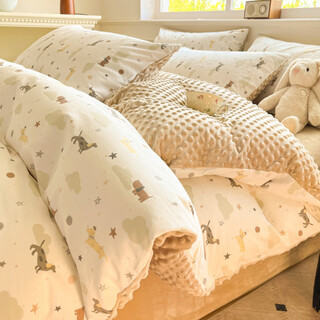 Fat donglai's same style beanie quilt three-piece set a pure cotton b bean velvet milk velvet four-piece set children's cotton single-sided yunduo dachshund a type baby grade 1.2m bed sheet style suitable for 150*200cm quilt
