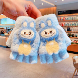 Labubu children's gloves to keep warm in winter half-finger girls little girls baby autumn and winter five-finger primary school students writing blue overalls labubu half-finger gloves 6-12 years old recommended age 6-12 years old