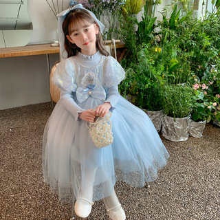 Annie youer girls elsa princess dress autumn sweater skirt children's dress autumn and winter frozen girl elsa dress blue velvet 110
