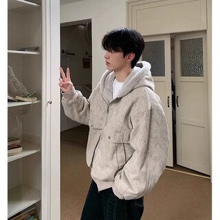 Sheman lai plus velvet hooded cotton jacket for men, autumn and winter retro cleanfit marble pattern mountain carving cotton jacket for men, oatmeal color xl