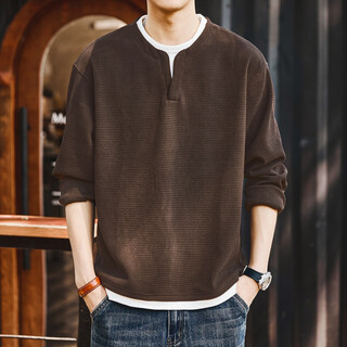 Gelu high-end coffee color fake two-piece v-neck long-sleeved t-shirt for men in autumn and winter plus velvet inner sweatshirt bottoming henry shirt coffee color m m suitable for 100-130 jin jin equals 0.5 kg