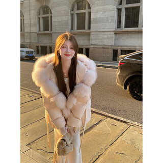 Yingci quality peach pink fox fur collar down jacket women's winter new waist goose down jacket warm jacket pink down jacket l