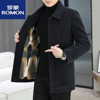 Romon mid-length men's woolen coat autumn and winter lapel velvet thickened windbreaker mature warm woolen coat new dark gray velvet thickened m 90-110jin jin equals 0.5 kg
