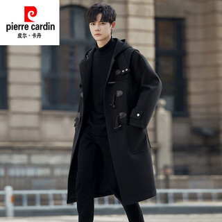 Pierre cardin mid-length windbreaker jacket men's autumn and winter horn button woolen men's clothing korean style crusu civilian coat trend black m