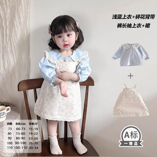 Baby girl autumn clothing 2025 new girl princess top summer suspender skirt suit western style going out two-piece set light blue top + floral overalls_long-sleeved top + skirt 73 cm_recommended about 66-70cm__14-17jin jin equals 0.5 kg