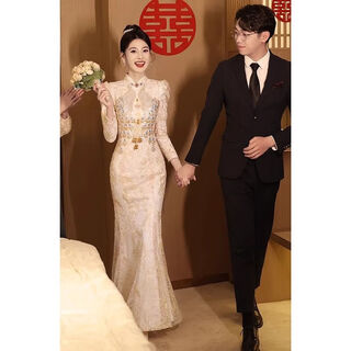 Fenggao (fenggao) toast wear bridal 2025 new winter clothes chinese cheongsam toast wear bridal fishtail skirt xiuhe suit champagne color long sleeve xl