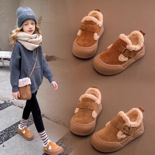 Ciyu girls' shoes children's cotton shoes snow boots 2025 winter new plus velvet birkenstock baby furry medium and large children's shoes 935 khaki 29 inner length about 17.9cm