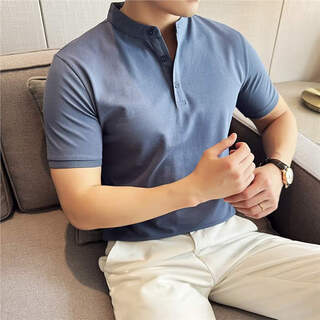 Qing muqi new chinese henry collar short sleeve polo shirt men's 2025 new summer high-quality stand collar t-shirt mature and stable blue stand collar polo short sleeve m recommendation 90-105 jin jin is equal to 0.5 kg