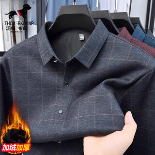 THOM BKDINR汤姆.布朗羊毛保暖蚕丝衬衫长袖加绒加厚衬衣中老年商务休闲格子 628灰色 加绒 XL 135-150斤穿