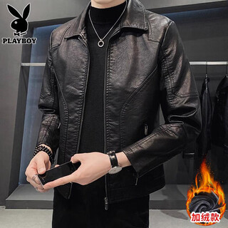 Playboy (playboy) high-end leather jacket men's velvet thickened motorcycle jacket 2025 autumn and winter new slim warm leather jacket jacket for men black velvet thickened m 90-110