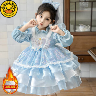 G.duck girls elsa princess velvet thickened dress 2025 autumn and winter lolita princess dress birthday dress puff skirt blue velvet free veil 120