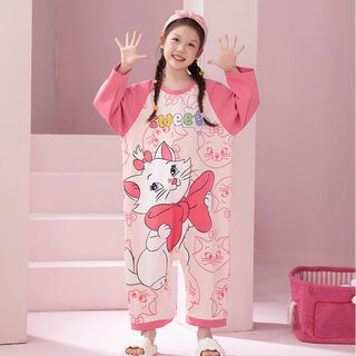 Spring and autumn girls' pajamas pure cotton long-sleeved one-piece sweet style cartoon children's home wear snap sleeping bag for middle and older children mx#m83 pure cotton 155 m size recommended height 155-160cm