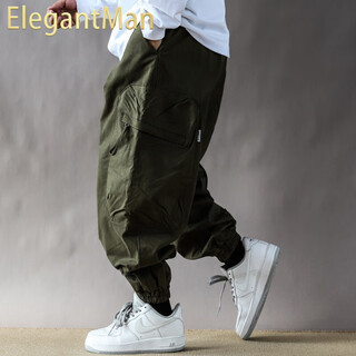 Elegantman japanese retro overalls men's spring and autumn loose casual new american high street harem pants dark green m