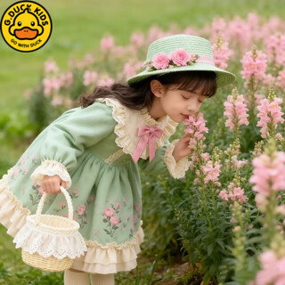 G.duck original floral lolita autumn and winter new dress for middle-aged and older children, birthday style french princess dress, green velvet and thickened 130