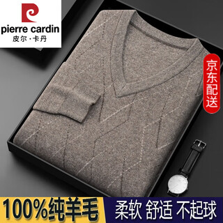 Pierre cardin men's thickened 100% pure wool sweater business v-neck dad sweater middle-aged loose sweetheart collar bottoming wool sweater camel 105