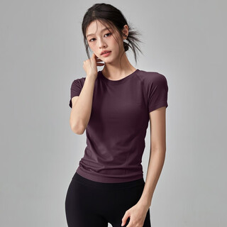 Quick-drying dry yoga clothes short-sleeved women's slimming breathable sports tops running pilates professional fitness clothes t dark purple s