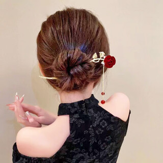 Wenque chinese style rose hairpin, antique style hairpin, temperament tassel headdress, french retro cheongsam, 1 red rose hairpin