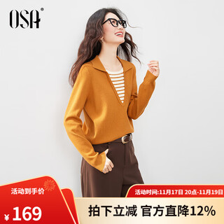 Osa fake two-piece striped stitching winter warm orange sweater for women winter new lazy lapel sweater top orange s