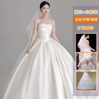 Shandongshaonv french simple light wedding dress bride 2025 new satin main yarn texture small trailing main yarn simple floor-length wedding dress three-piece set m