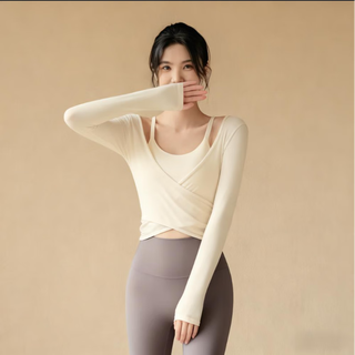 Bai qixin yoga wear pilates top for women spring and summer running sports fashionable mesh fitness suit high-end two-piece set milk white blouse + milk white bra m