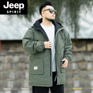 Jeep spirit2025 new autumn and winter outdoor workwear style mid-length hooded windbreaker men's loose plus fat plus size velvet jacket military green plus velvet xl
