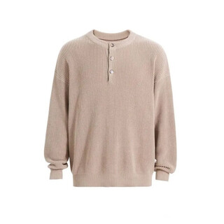 Jiaojing laoqian henry collar sweater old money style henry collar sweater men's autumn and winter lazy feeling bottoming long sleeve pin khaki high quality m