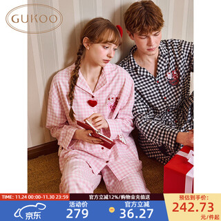 Gukoo couple pajamas spring and autumn style boom puppy series pure cotton plaid lapel women's homewear suit men's pajamas c peach pink women's suit l