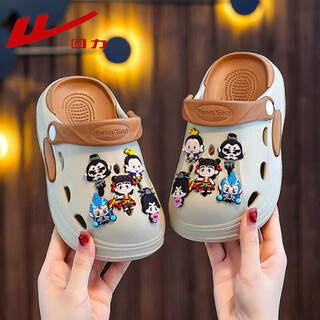 回力【踩屎感】哪吒卡通男女童洞洞鞋防滑儿童拖鞋户外居家沙滩 R-13卡其 15.5 内长cm 24-25码