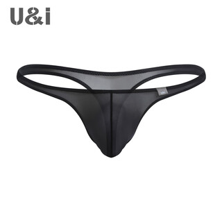 U&i sexy thong men's personality ultra-thin 50g transparent high-elastic ice silk tight low-waist 3d bag t underwear 6016 black 1 pair 2xl