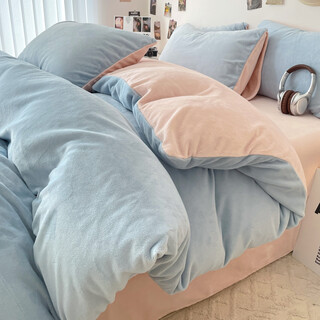 Langsha (langsha) milk velvet quilt cover 180x220cm single piece thickened winter double-sided velvet quilt plus velvet bed four-piece set baby blue + pink jade double-sided warm velvet/thermal storage and warmth 1.5m bed four quilt covers - quilt cover 200x230cm