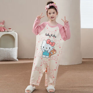 Spring and autumn girls' pajamas pure cotton long-sleeved one-piece sweet style cartoon children's home clothes snap-button sleeping bag for middle-aged and older children mx#m71 pure cotton 105 size 8 recommended height 95-105cm
