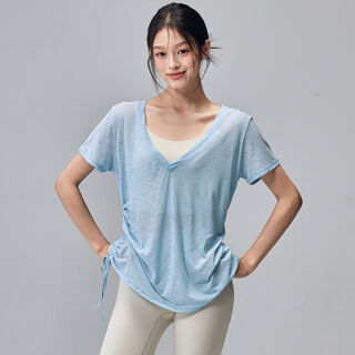 Fitness girl summer thin yoga wear short-sleeved loose slimming pilates training blouse quick-drying sports upper blue s s