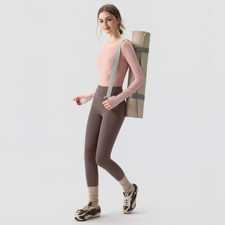 Yoga wear for women 2025 autumn and winter new round neck sports top running pilates training fitness set rose pink top + khaki yoga pants + coffee socks xl recommended weight 115-130jin jin equals 0.5 kg one size fits all