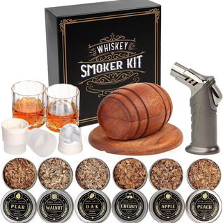 Wine cocktail smoker set whiskey empty barrel smoker smoked wood bartending tools complete set a set - smoker + wine glass 2 + ice cube grinder 2 + wood 6