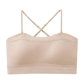 Clolv kiss ck girl's thin strap beautiful back fixed cup tube top anti-exposure bra pad push-up bra integrated shoulder strap camisole khaki l (80-110)
