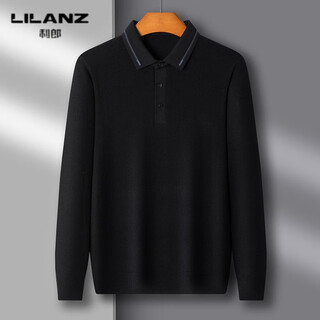 Lilang fully worsted wool sweater t-shirt men's lapel spring thin solid color pullover sweater for middle-aged and elderly business casual black thin section 4xl (190)