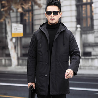 Qipai shop same style spring and autumn men's windbreaker mid-length hooded clothes business lapel casual overcome youth men's clothing black l 175