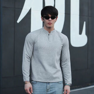 Lightweight strong broad-shouldered polo shirt henry collar 250g long-sleeved fitness sports casual t-shirt for men, light gray splicing style m m45-55kg