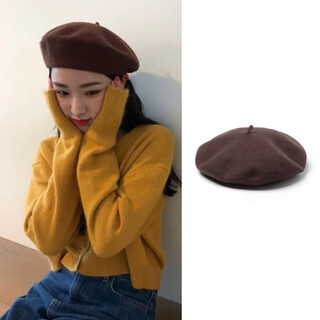Basic solid color wool beret for women in autumn and winter, versatile retro large head black painter's bud hat, coffee, free fixed hairpin m