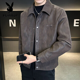 Playboy (playboy) leather jacket men's 2025 autumn and winter new velvet thickened motorcycle handsome style high-end trendy men's jacket brown regular 3xl 160-175jin jin is equal to 0.5 kg