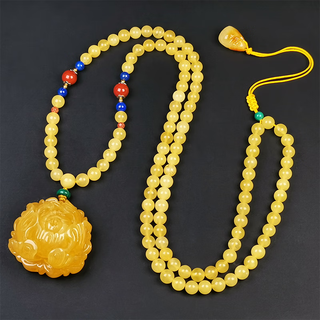 Hupai, one thing, one picture, one certificate, natural beeswax pendant, women's necklace, sweater chain, peony flower necklace, chicken fat yellow, pendant, 11.53g, 32*34*18.5mm