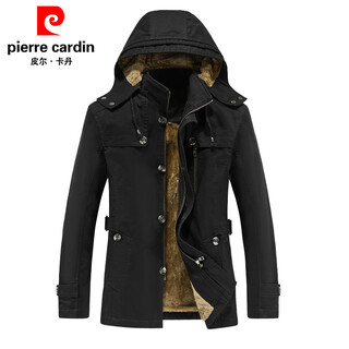 Pierre cardin winter mid-length buttoned hooded cloak men's velvet thickened coat autumn and winter middle-aged cotton single-breasted windbreaker black 1311 velvet m