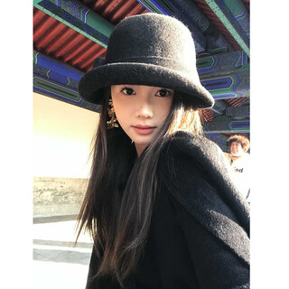 Huangsi republic of china retro small hat women's 2025 autumn and winter french basin hat temperament bow hepburn style dome fisherman hat black (54-58)