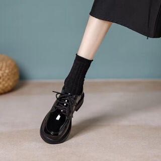 Yierkan prince real soft leather thick-soled small leather shoes for women british style 2025 autumn and winter new single shoes thick heel lace-up loaf shoes glossy black-single li 34