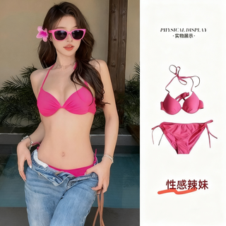 Bombshell bikini swimsuit female sexy hot girl pink big breasts push up three points beach vacation ins style hot spring bikini two piece set rose red one size 70-120jin jin is equal to 0.5 kg